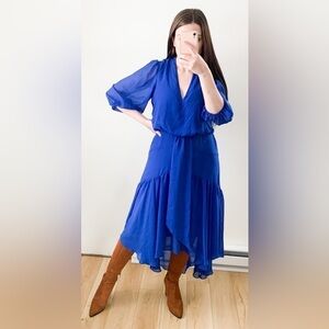 Taylor Royal Blue Azure Chiffon V neck High Low Midi Dress Medium